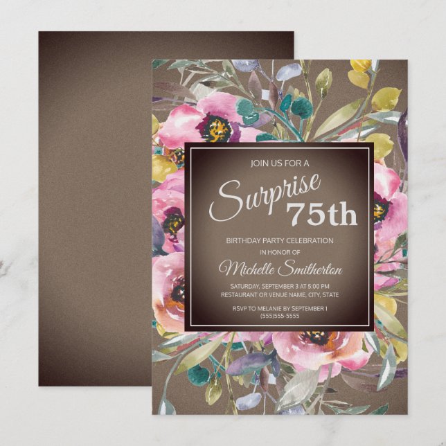 Invitación Flores rosadas Hojas Rústico Marrón Cumpleaños 75 (Anverso / Reverso)