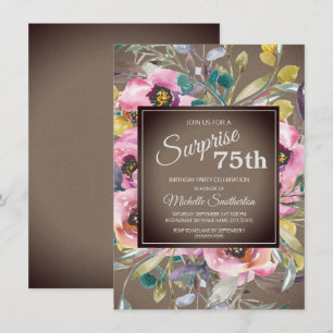 Invitación Flores rosadas Hojas Rústico Marrón Cumpleaños 75