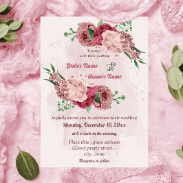 Invitación flores rosadas hojas verdes boda botánico
