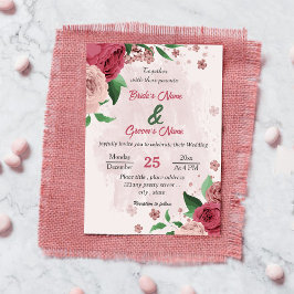 Invitación flores rosadas hojas verdes boda botánico