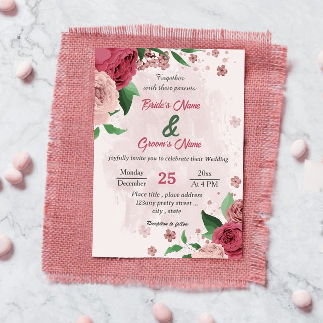 Invitación flores rosadas hojas verdes boda botánico (Subido por el creador)