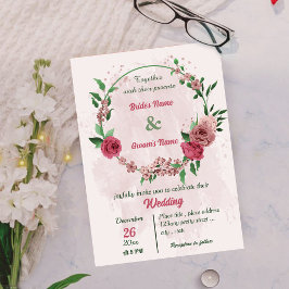 Invitación flores rosadas hojas verdes boda botánico
