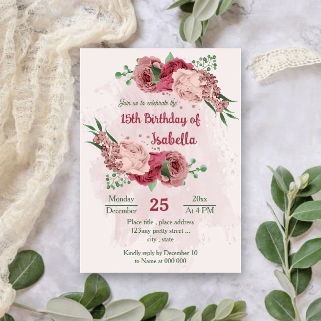 Invitación flores rosadas hojas verdes cumpleaños botánico (Subido por el creador)
