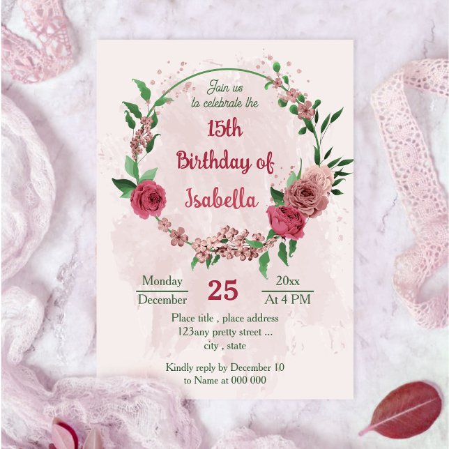 Invitación flores rosadas hojas verdes cumpleaños botánico (Subido por el creador)