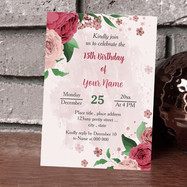 Invitación flores rosadas hojas verdes cumpleaños botánico (Subido por el creador)