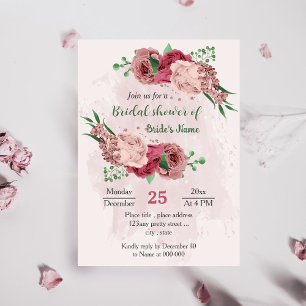 Invitación flores rosadas hojas verdes ducha de novia botánic