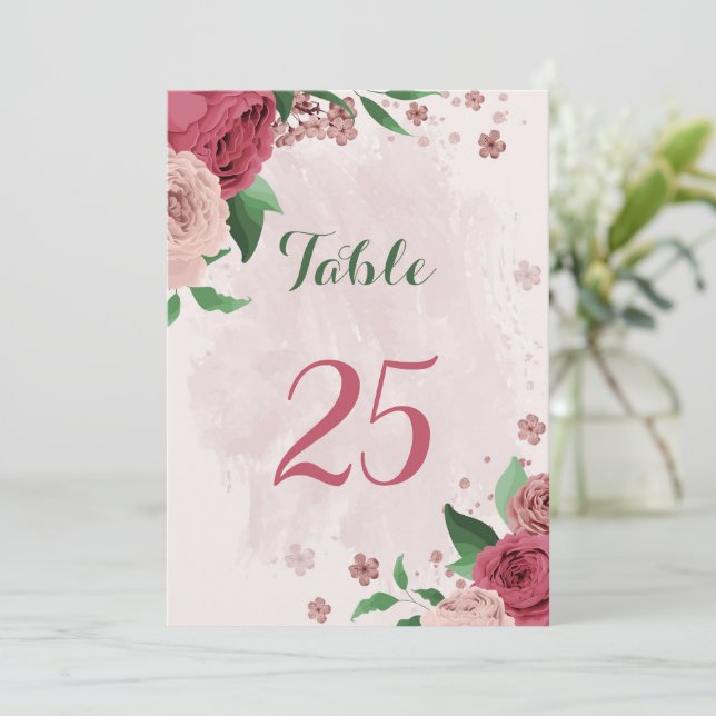 Invitación flores rosadas hojas verdes número de tabla (Anverso de pie)
