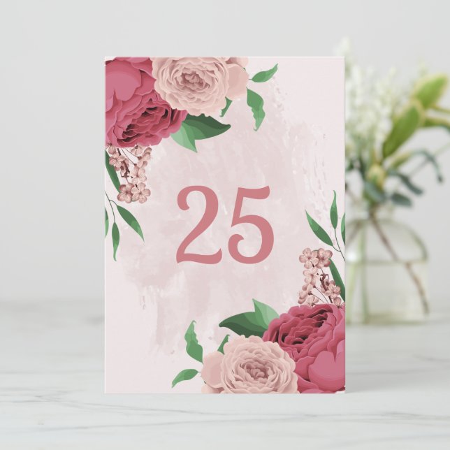 Invitación flores rosadas hojas verdes número de tabla (Anverso de pie)
