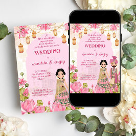 Invitación Flores rosadas Lotus garlands lantern boda indio