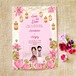 Invitación Flores rosadas Lotus garlands lantern boda indio
