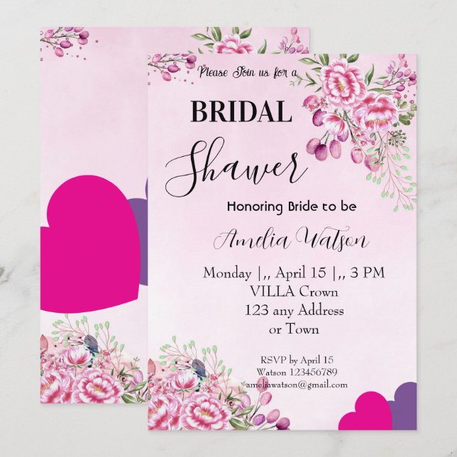 Invitación Flores rosadas, magenta  Ducha de novia clásica (Anverso / Reverso)