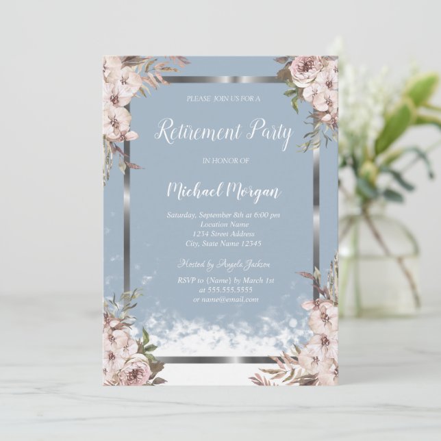 Invitación Flores Rosadas Marco de Plata Jubilación Azul Polv (Anverso de pie)
