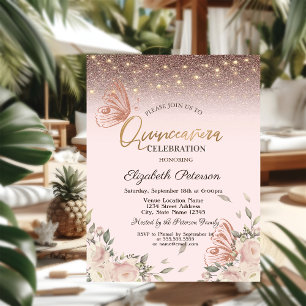 Invitación Flores Rosadas Mariposas Brillantes Quinceañera