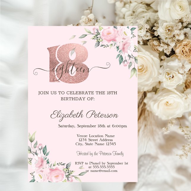Invitación Flores rosadas modernas 18º cumpleaños (Subido por el creador)