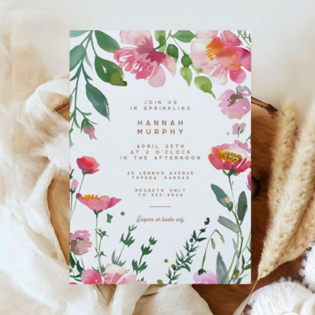 Invitación Flores rosadas modernas Chica del Jardín de Oro Be (Subido por el creador)