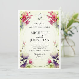 Invitación Flores rosadas moradas Boda de la biblia cristiana