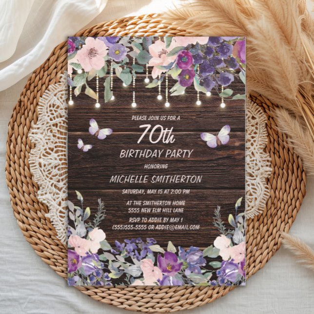 Invitación Flores Rosadas Moradas Mariposas Rústico Madera 70 (Purple and pink watercolor floral and butterflies on rustic wood 70th birthday party invitation)