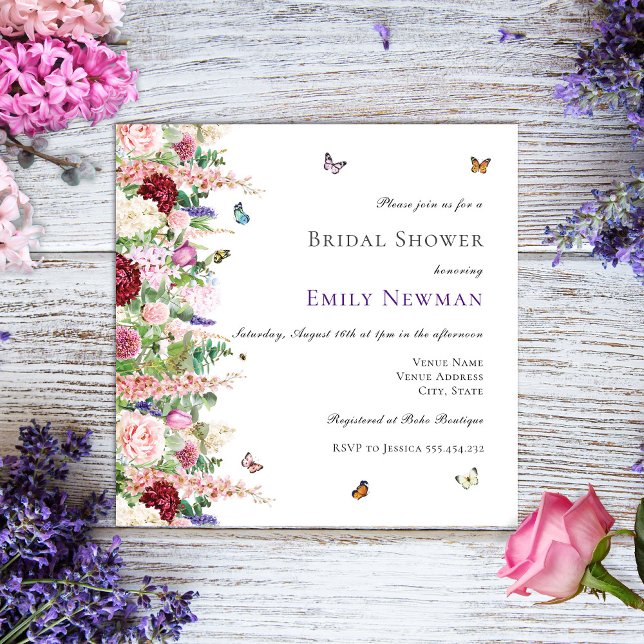 Invitación Flores rosadas moradas y mariposas ducha de novias (Subido por el creador)