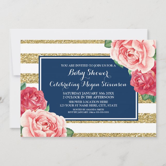 Invitación Flores rosadas Navy franjas de oro azules Baby Sho (Reverso)