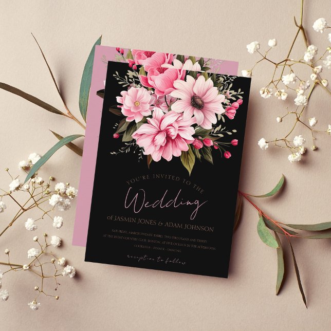 Invitación Flores rosadas negras florales Boda estético oscur (Subido por el creador)
