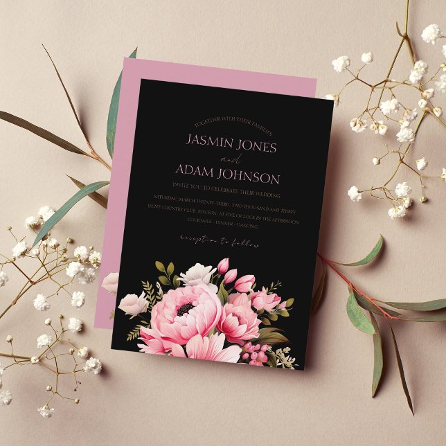 Invitación Flores rosadas negras florales Boda estético oscur (Subido por el creador)