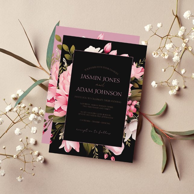 Invitación Flores rosadas negras florales Boda estético oscur (Subido por el creador)
