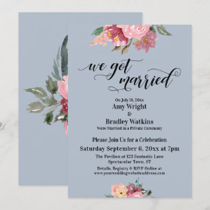 Invitación Flores rosadas Nos casamos Guión Azul polvoriento