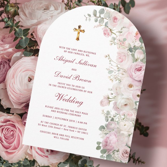 Invitación Flores rosadas pálidas arcos boda religiosa (Subido por el creador)