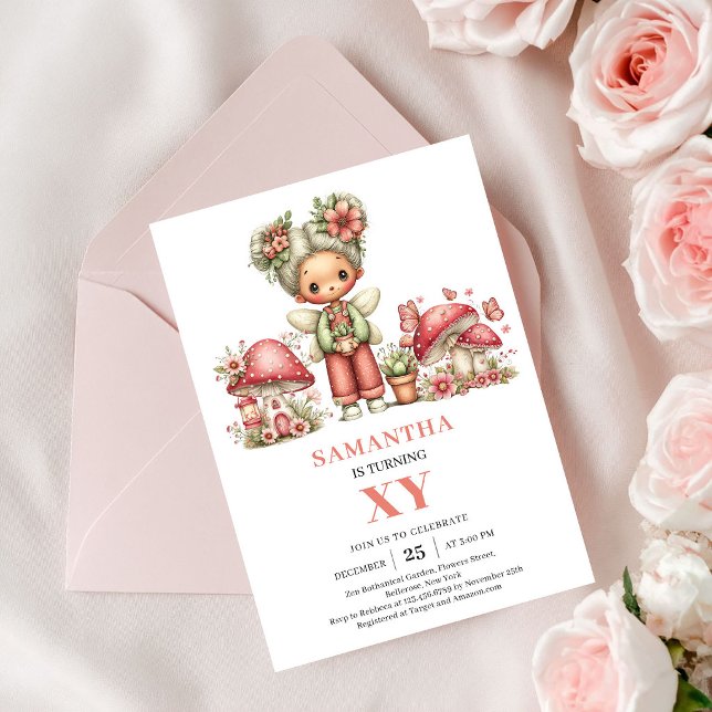 Invitación Flores Rosadas para el 4to Cumpleaños d (Radiant Fairy 4th Birthday Blush Flowers Invitation)