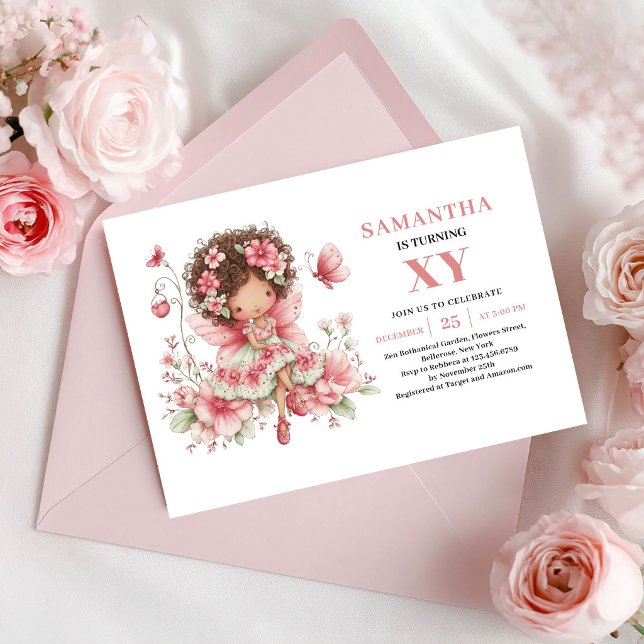 Invitación Flores Rosadas para el Segundo Cumpleañ (Cute Fairy Girl 2nd Birthday Blush Flowers Invitation)