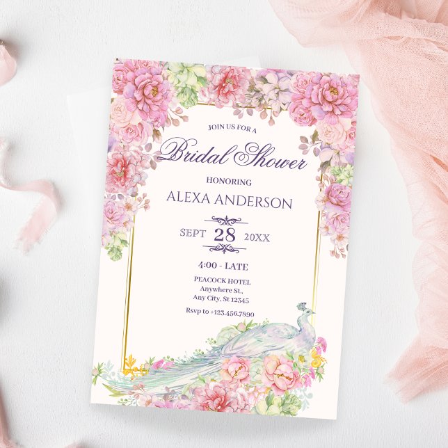 Invitación Flores rosadas Peacock Bridal Shower (Subido por el creador)