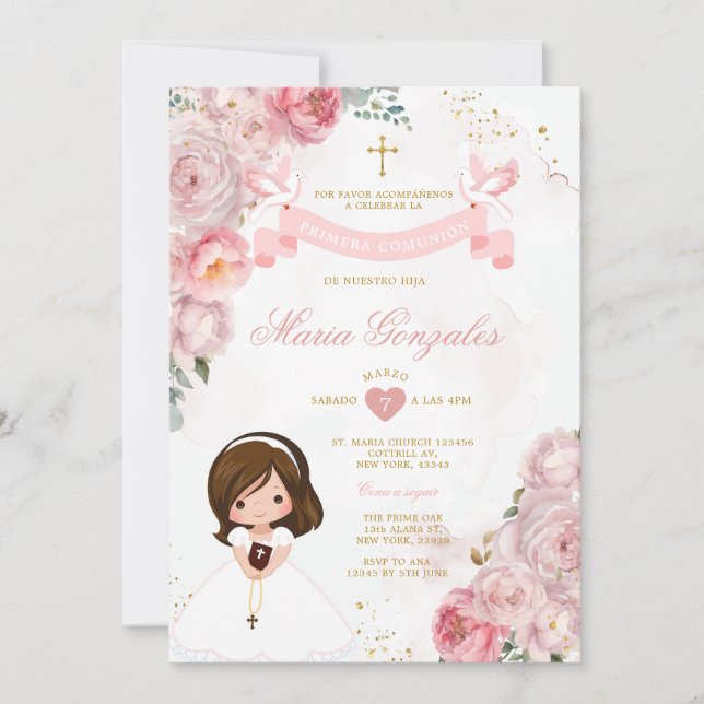 Invitación Flores rosadas Pequeña Biblia Primera Comunión (Anverso)