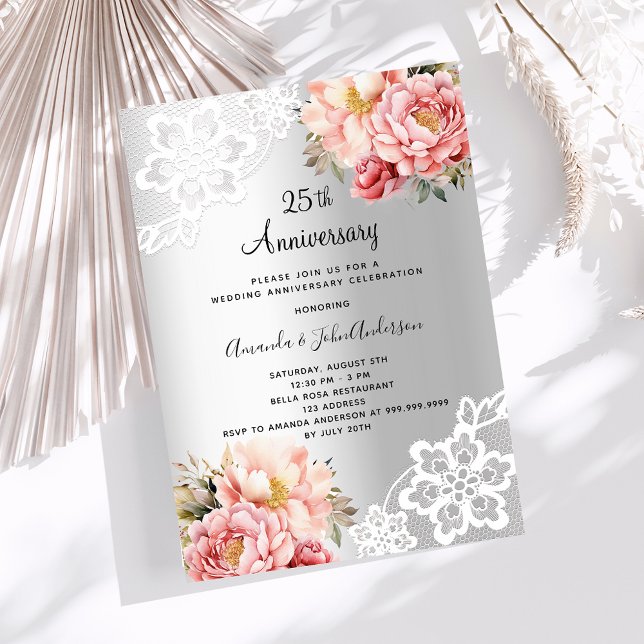 Invitación Flores rosadas plateadas aniversario 25 bodas (Subido por el creador)