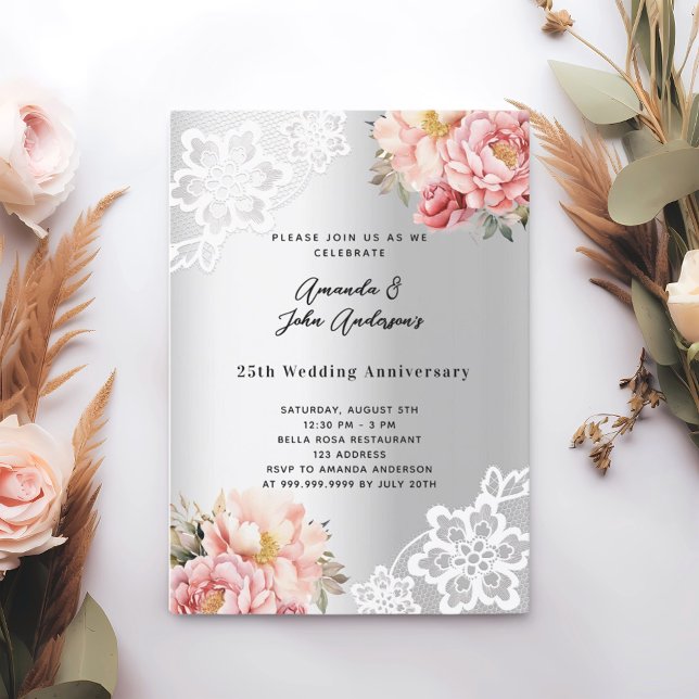 Invitación Flores rosadas plateadas aniversario 25 bodas (Subido por el creador)