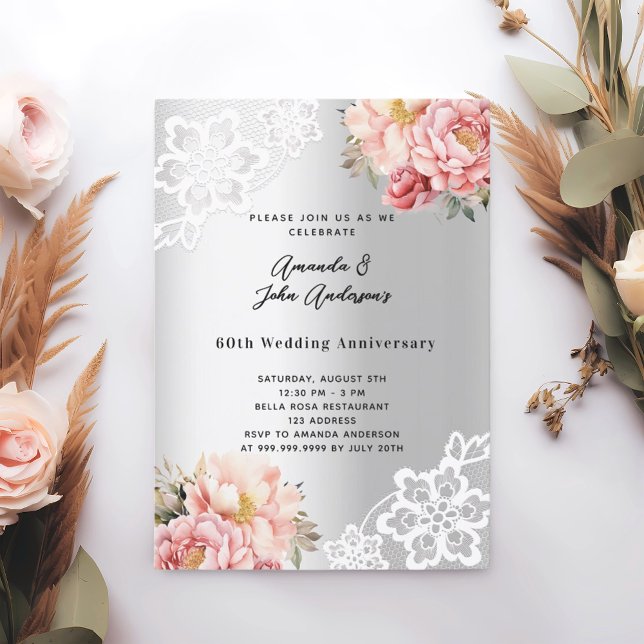 Invitación Flores rosadas plateadas aniversario 60 bodas (Subido por el creador)