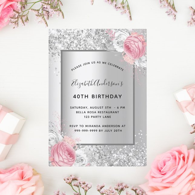 Invitación Flores rosadas plateadas elegante cumpleaños glamu (Subido por el creador)