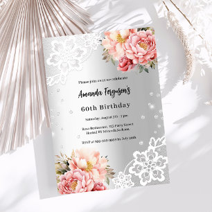 Invitación Flores rosadas plateadas lace cumpleaños de lujo