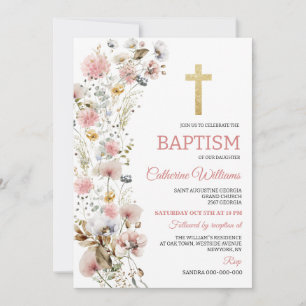 Invitación Flores rosadas polvorientas Bautizo de niñas elega