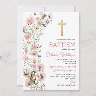 Invitación Flores rosadas polvorientas Bautizo de niñas elega