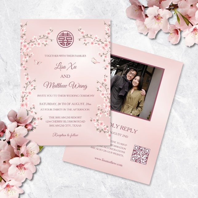 Invitación Flores Rosadas Polvorientas | Código QR de Foto Bo (Subido por el creador)