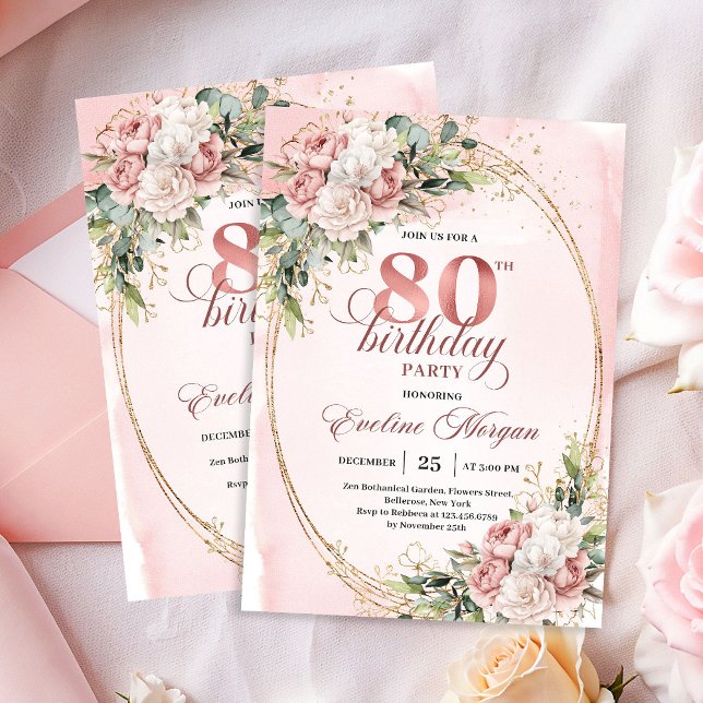 Invitación Flores Rosadas Polvorientas Eucalipto Oro Cumpleañ (Dusty Pink Flowers Eucalyptus Gold 80th Birthday Invite)