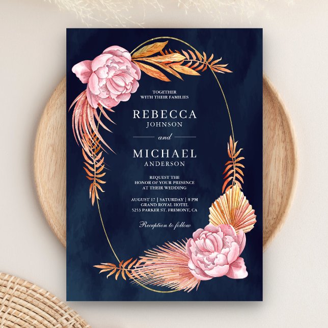 Invitación Flores rosadas polvorientas Hojas de palma secas B (Subido por el creador)