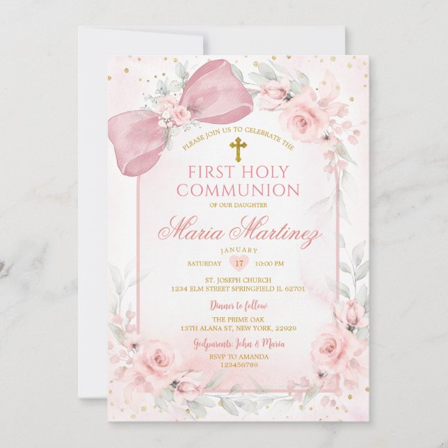 Invitación Flores Rosadas Polvorientas Lazo Niña Primera Comu (Anverso)