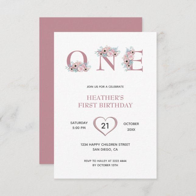 Invitación Flores rosadas Primer cumpleaños (Anverso / Reverso)