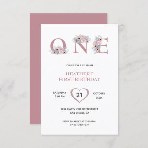 Invitación Flores rosadas Primer cumpleaños