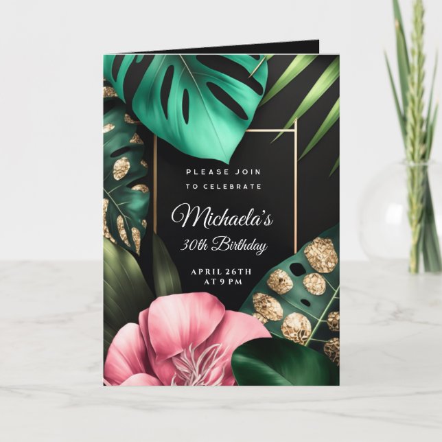 Invitación Flores rosadas purpurina de oro deja fiesta de cum (Anverso)