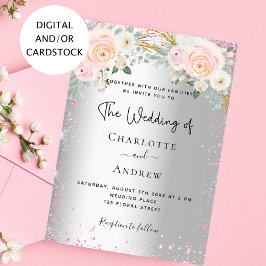 Invitación Flores rosadas purpurina elegante boda