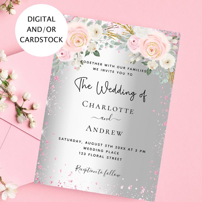 Invitación Flores rosadas purpurina elegante boda (Subido por el creador)