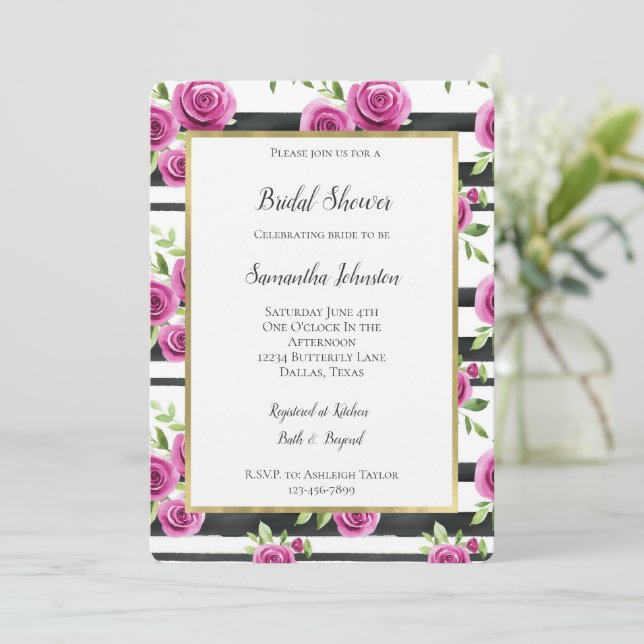 Invitación Flores rosadas rayas negras ducha de novia   (Anverso de pie)