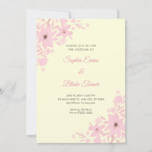 Invitación Flores rosadas románticas, boda floral amarilla